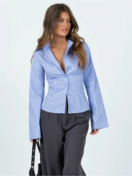 Princess Polly Light Blue Pinstripe Fitted Shirt - Picture 2 of 6